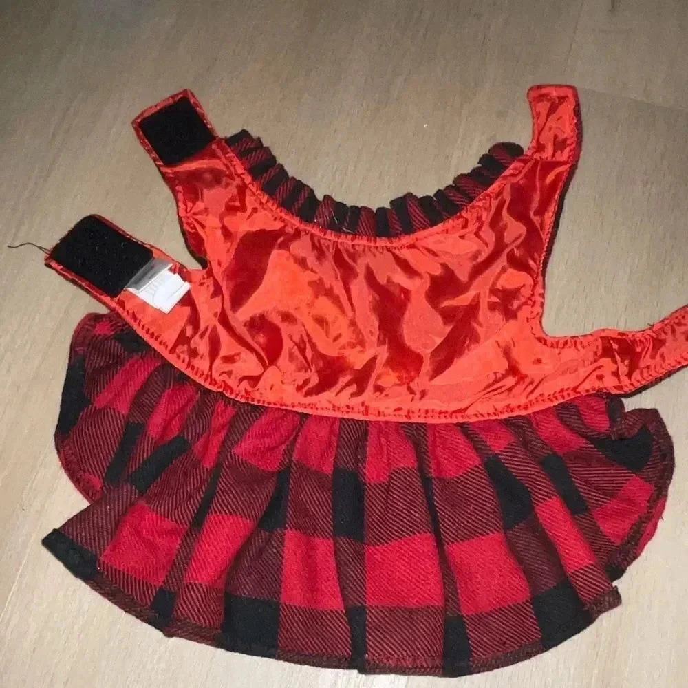 HOLIDAY DOG DRESS BUFFALO PLAID RUFFLE HEM W BIG BOW & GEMSTONE FOR SMALL DOG - Picture 5 of 12